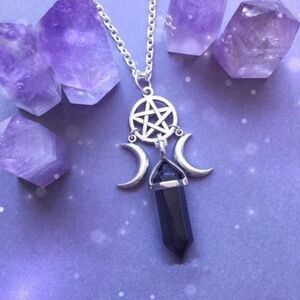 Triple Moon Goddess Silver and Obsidian Point Pentacle Necklace - Witchy NEW